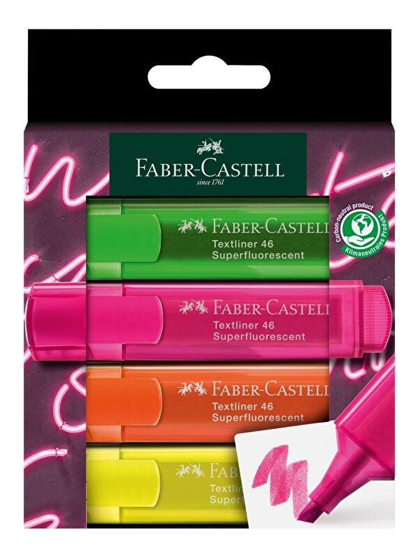 Faber-Castell Textliner 46 Şeffaf Gövde GenZ 4'lü Fosforlu Kalem Seti, Su Bazlı Mürekkep, Ergonomik Tasarım