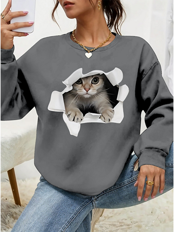 Jane's Kadın Uzun Kollu Bisiklet Yaka Kedi Desenli Viskon Iki Iplik Bluz