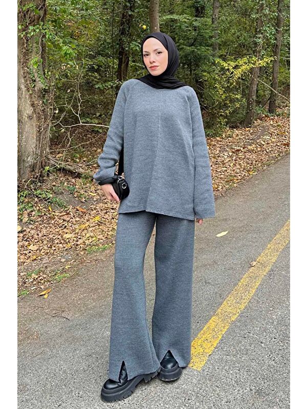 Lamelif Basic Pantolon Önü Yırtmaçlı Triko Tesettür Takım Gri