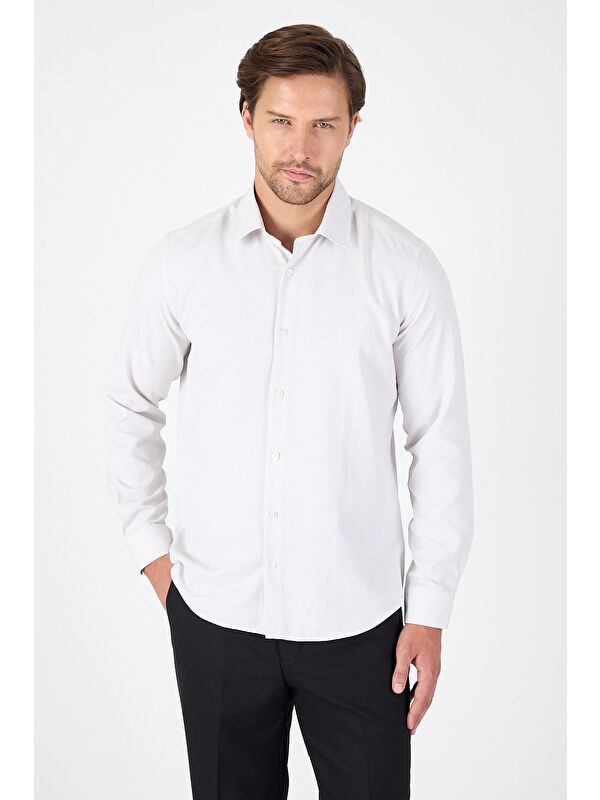 İMZA Bej Uzun Kol Sert Yaka Cepsiz Slim Fit Pamuklu Gömlek 1004250225