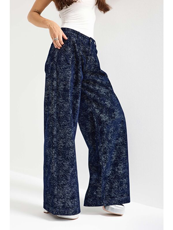 It's Basic Kadın Koyu Mavi Renk 7w5-56 Midrise Wide Leg Fit Özel Kumaş Tasarım Denim Jean