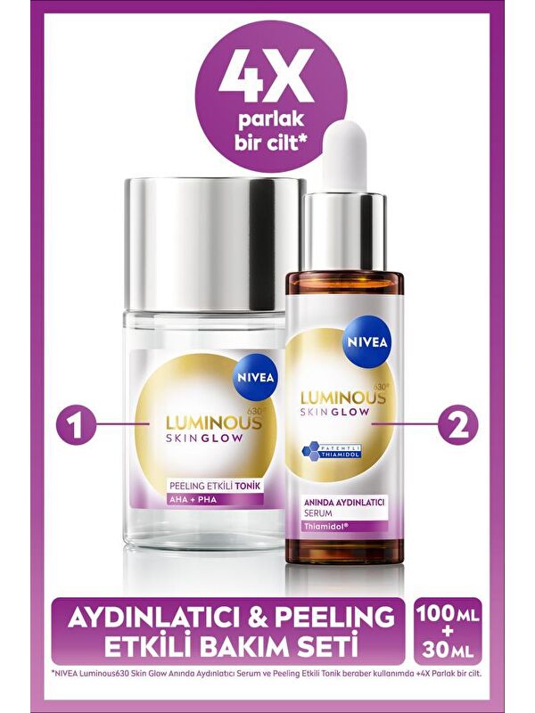 NIVEA Luminous630 Skin Glow Anında Aydınlatıcı Serum 30ml ve Peeling Etkili Tonik 100ml, Eşit Cilt Tonu
