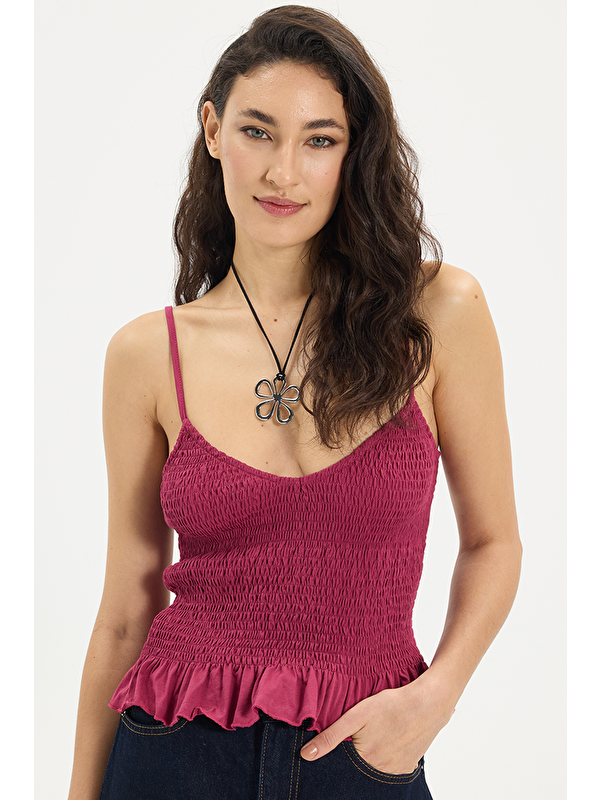 TUDORS Kadın Slim Fit Dar Kesim %100 Pamuk Askılı  Büzgülü V Yaka Fuşya Bluz