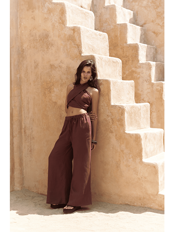 Bohemai Moira Bordo Keten Crop Pantolon Takım