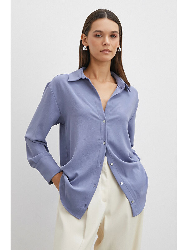Never More Basic Polyester Gömlek İndigo