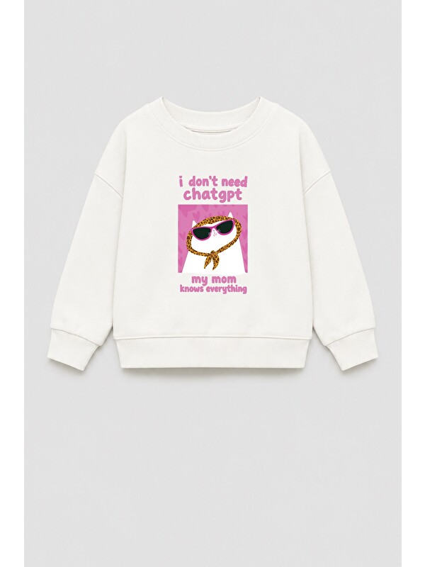 Monila Kız Çocuk 3 İplik Kumaş Kedi Baskılı Pamuklu Sweatshirt