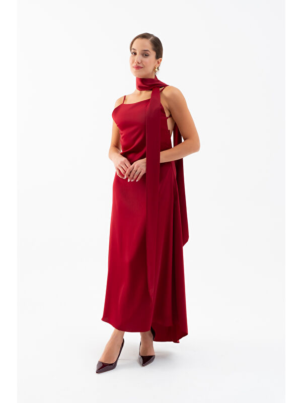 Lafaba Kadın Bordo Fularlı Maxi Saten Elbise