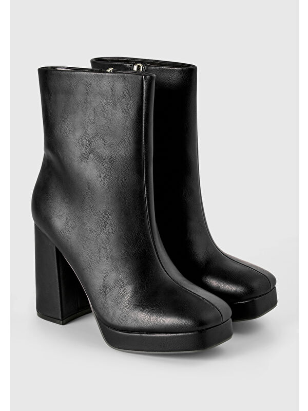 Kadın Siyah Suni Deri Yarım Çizme - Görsel 5