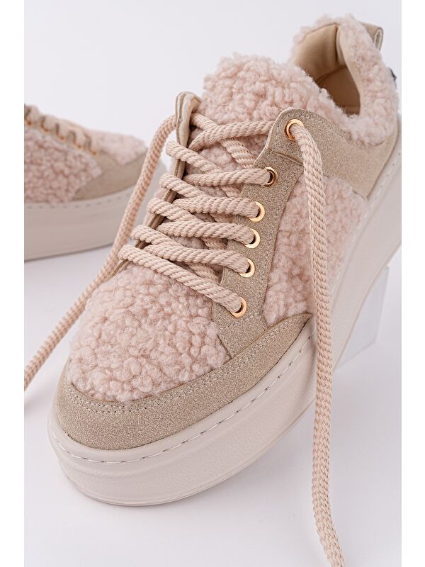 FLEECY Kalın Taban Bağcıklı Pelüş Detaylı Kadın Kışlık Sneaker Spor Ayakkabı - Görsel 3