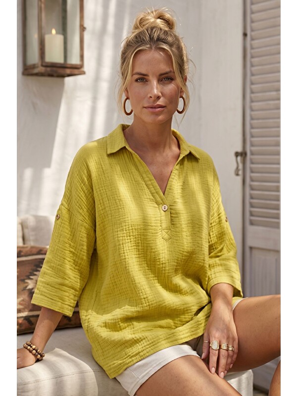 Chiccy Hardal Rengi Gömlek Yaka Düğmeli 3/4 Kol Casual Müslin Oversize Dokuma Bluz 67 65