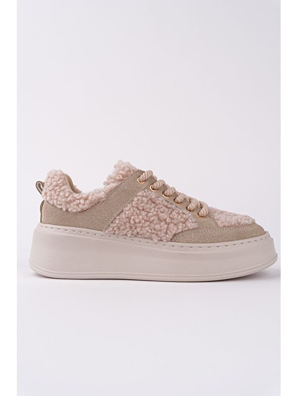 FLEECY Kalın Taban Bağcıklı Pelüş Detaylı Kadın Kışlık Sneaker Spor Ayakkabı - Görsel 4