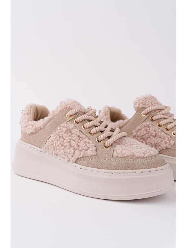 FLEECY Kalın Taban Bağcıklı Pelüş Detaylı Kadın Kışlık Sneaker Spor Ayakkabı - Görsel 5