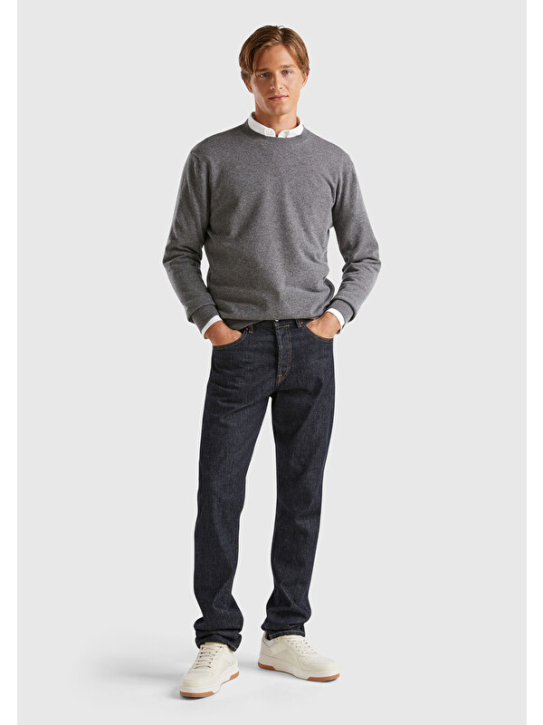 United Colors Of Benetton Erkek Antrasit Melanj %100 Kaşmir Normal Kesim Ribanalı Yuvarlak Yaka Kazak