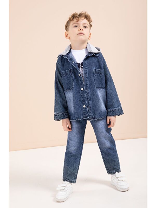 Cansın Mini Lacivert Kapüşonlu Jean Ceketli Pantolonlu Erkek Çocuk Baskılı Tişörtlü 3lü Takım 23617