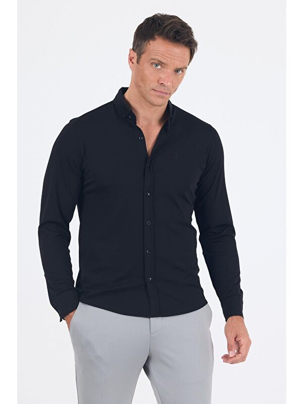İMZA Siyah İtalyan Düğmeli Yaka Uzunkol Cepsiz Slim Fit Gömlek 1004250254