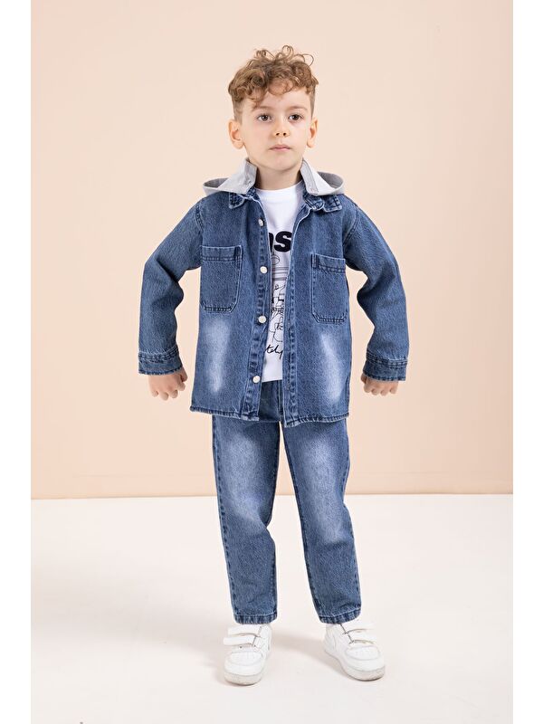 Cansın Mini Mavi Kapüşonlu Jean Ceketli Pantolonlu Erkek Çocuk Baskılı Tişörtlü 3lü Takım 23616