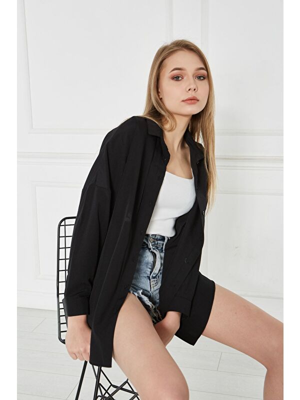 Comstar Kadın Oversize Uzun Basic Siyah Gömlek