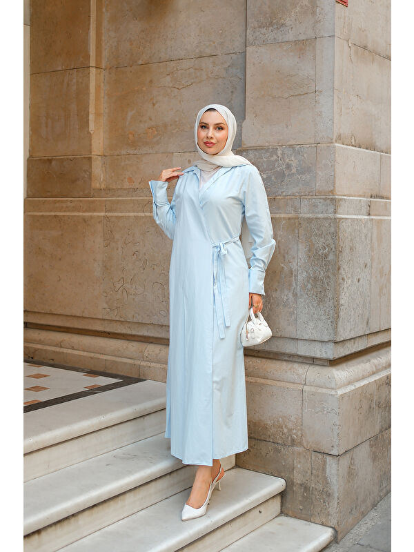 Locco Moda Kadın Poplin Yan Bağlamalı Elbise Açık Mavi