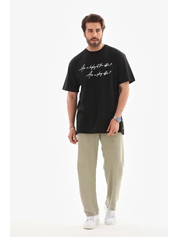 Jane's Unisex Bisiklet Yaka Baskılı Oversize T-Shirt - Siyah