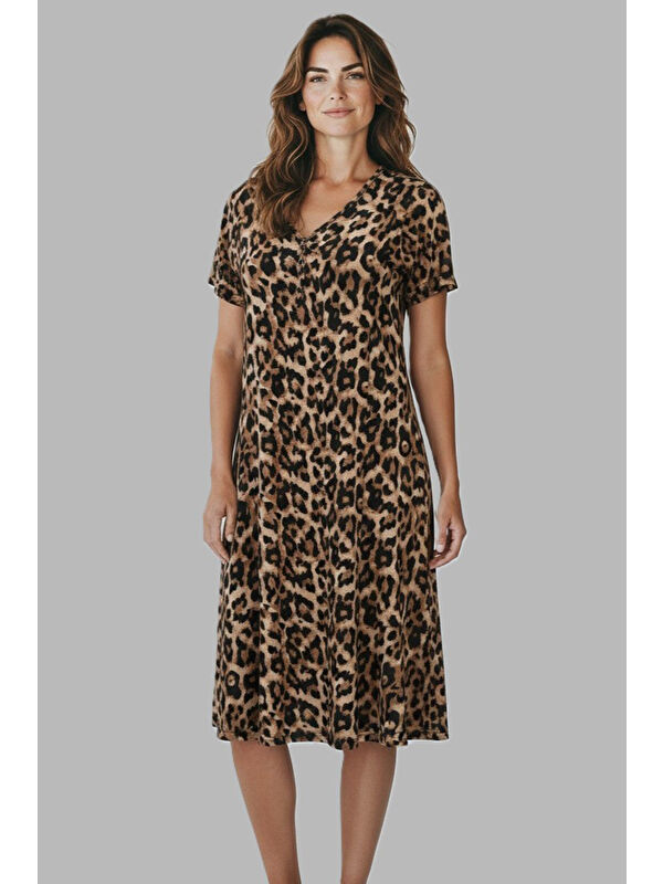 Remsa Kadın Kısa Kol Viskon Elbise Pijama 25236-2 Leopar