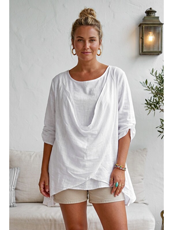 Chiccy Beyaz Yuvarlak Yaka 3/4 Kol İkili Set Casual Pamuklu Salaş Dokuma Bluz 80 63