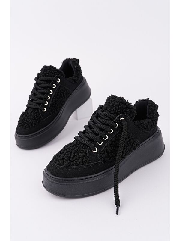 FLEECY Kalın Taban Bağcıklı Pelüş Detaylı Kadın Kışlık Sneaker Spor Ayakkabı - Görsel 2