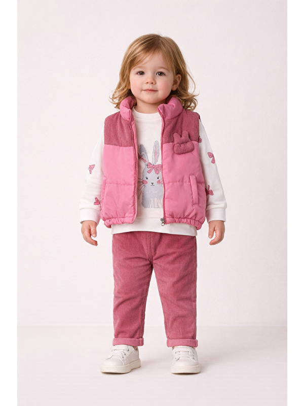 Harika Kids Kız Bebek 3’lü Takım 9-24 Ay Şişme Yelek %100 Pamuk Sweatshirt Kadife Pantolon