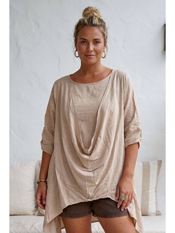 Chiccy Bej Yuvarlak Yaka 3/4 Kol İkili Set Casual Pamuklu Salaş Dokuma Bluz 80 63