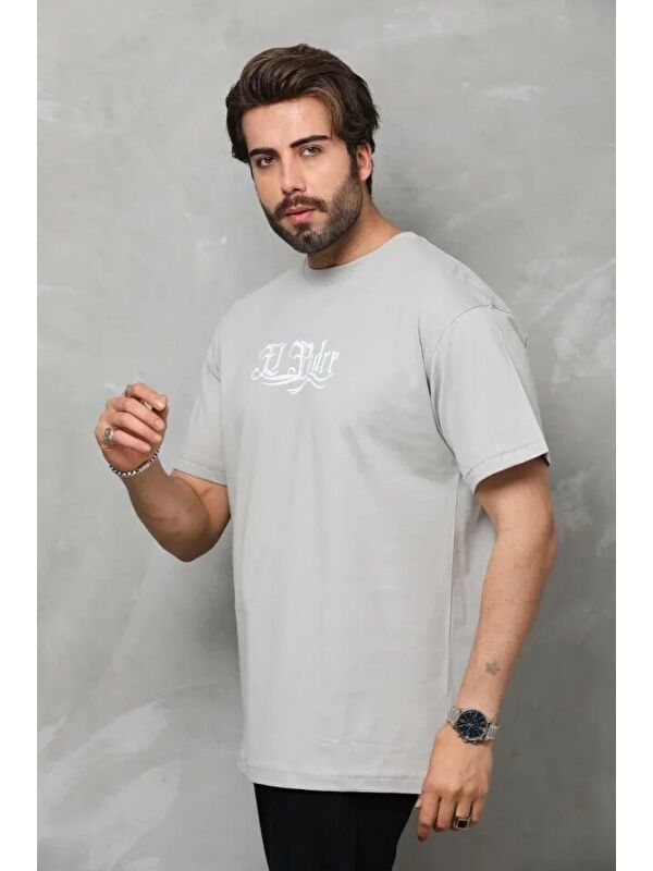 Jane's Unisex Bisiklet Yaka Baskılı Oversize T-Shirt - Gri
