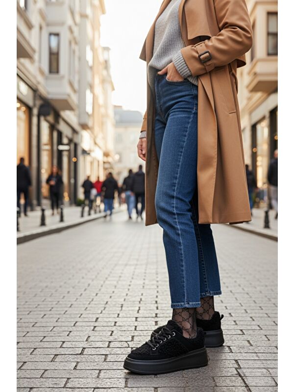 FLEECY Kalın Taban Bağcıklı Pelüş Detaylı Kadın Kışlık Sneaker Spor Ayakkabı - Görsel 5