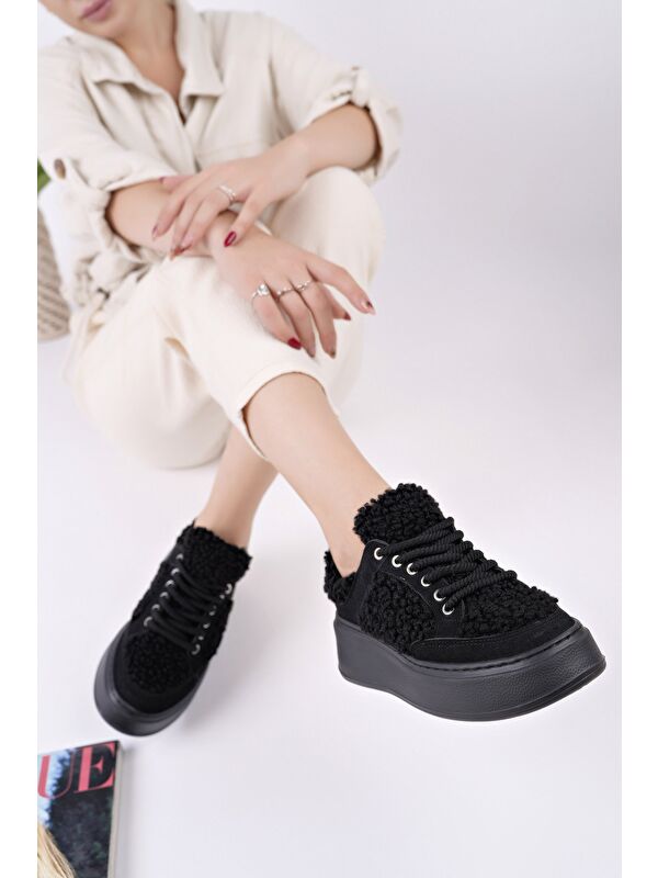 FLEECY Kalın Taban Bağcıklı Pelüş Detaylı Kadın Kışlık Sneaker Spor Ayakkabı - Görsel 6