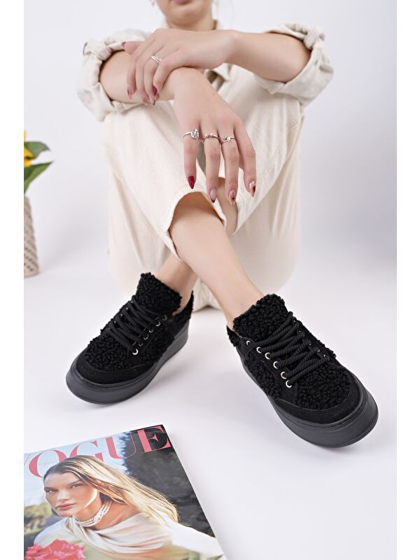 FLEECY Kalın Taban Bağcıklı Pelüş Detaylı Kadın Kışlık Sneaker Spor Ayakkabı - Görsel 7