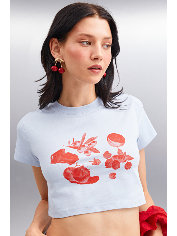 ETHIQUET SERENE Kadın Kısa Kollu Baskılı Crop MAVİ T-Shirt