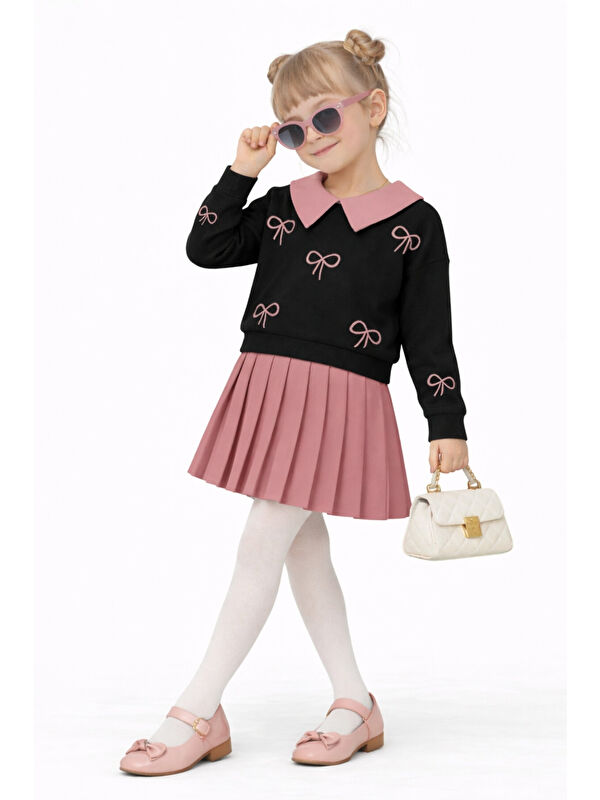 Ahengim Kız Çocuk Yakalı Fiyonklu Sweatshirt Piliseli Etek 2’li Takım Ak14513