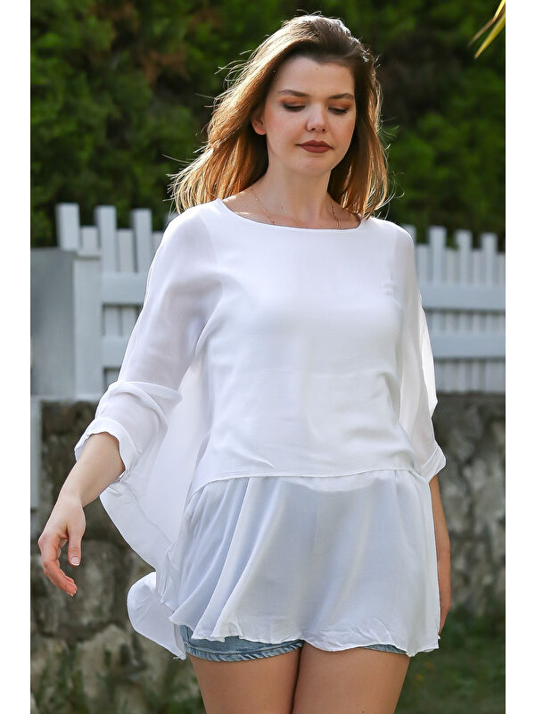 Chiccy Beyaz Havuz Yaka Yarasa Kol İnce Astarlı Çift Katlı Casual Oversize Dokuma Bluz 75 85