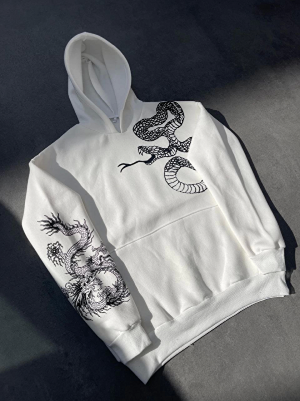 Jane's Uzun Kol Kapüşonlu Baskılı SweatShirt - Beyaz