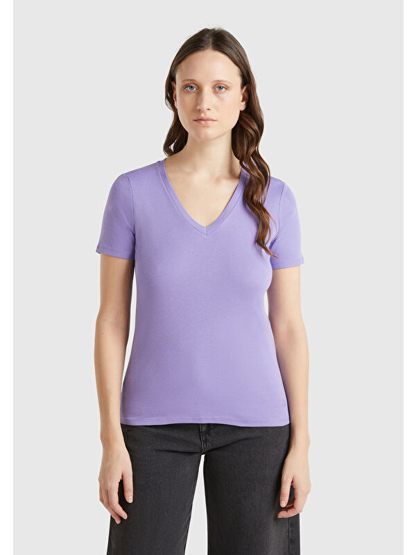United Colors Of Benetton Kadın Mor %100 Pamuk V Yaka Basic Tişört