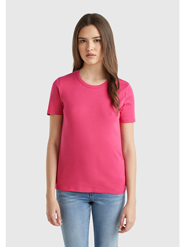 United Colors Of Benetton Kadın Fuşya 100 Pamuk Basic Kısa Kollu Bisiklet Yaka T Shirt