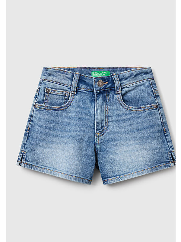 United Colors Of Benetton Kız Çocuk Taş Yıkama Logo İşlemeli Streç Denim Şort