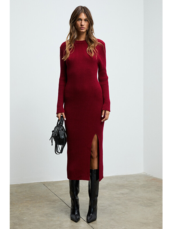 GRIMELANGE SOREYA Kadın Yuvarlak Yaka Çizgi Desenli Yırtmaçlı Slim Fit Triko BORDO Elbise