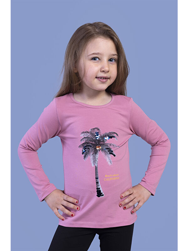Toontoykids Kız Çocuk Palmiye Baskılı Pul İşlemeli Tişört