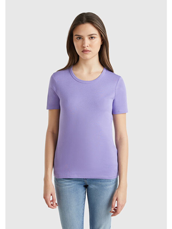 United Colors Of Benetton Kadın Mor 100 Pamuk Basic Kısa Kollu Bisiklet Yaka T Shirt