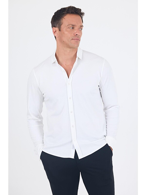 İMZA Beyaz Uzun Kol Düz Örme Polo Yaka Cepsiz Esnek Classic Slim Fit Gömlek 1004250153