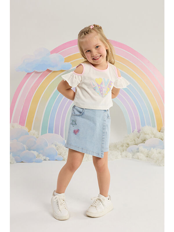 Minycenter Kız Çocuk Love Desenli Crop Tişört 2-6 Yaş Beyaz