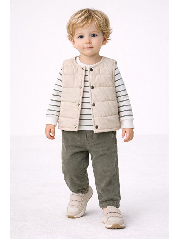 Harika Kids Erkek Bebek 3’lü Takım 9-24 Ay Şişme Yelek %100 Pamuk Sweatshirt Kadife Pantolon
