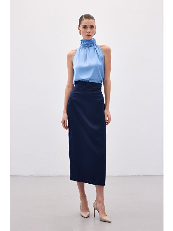 SATEEN Bel Pile Detaylı Saten Etek - Lacivert