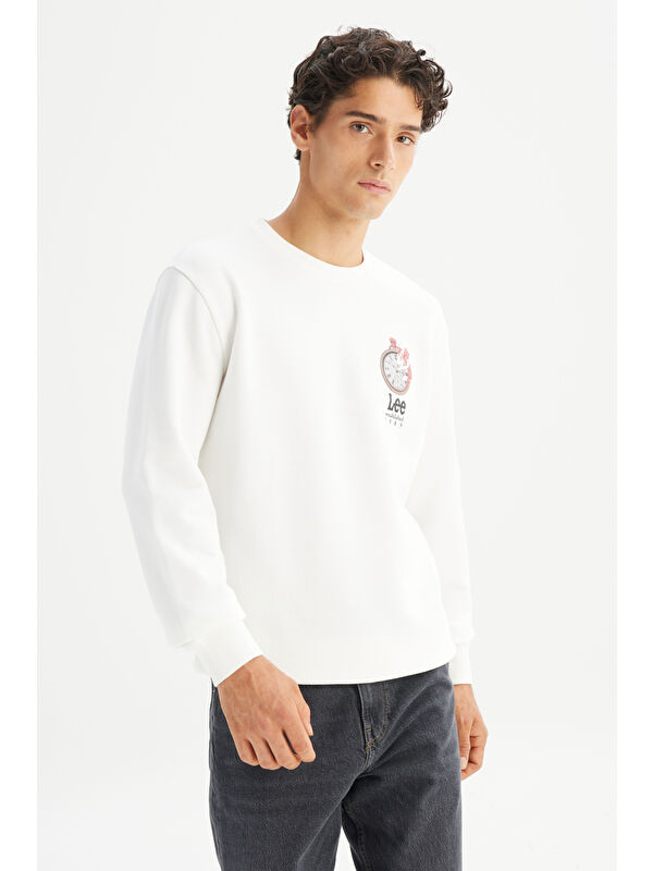 Lee Regular Fit Normal Kesim Bisiklet Yaka Baskılı Kırık Beyaz Sweatshirt