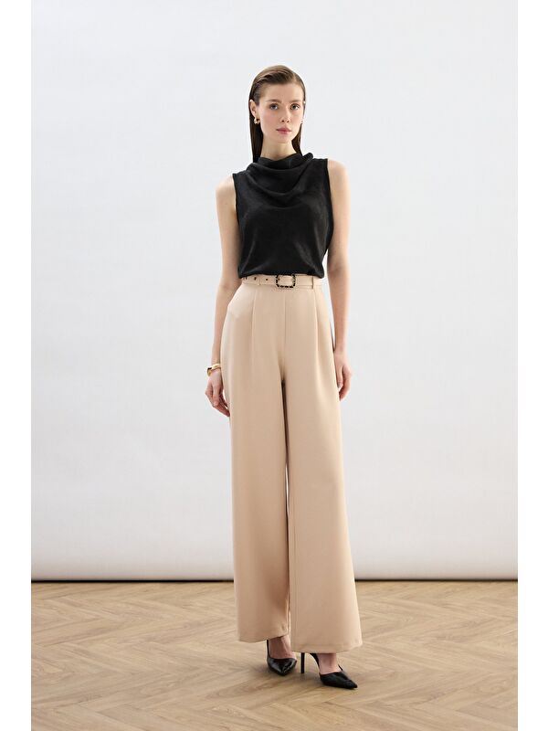 SATEEN Kemerli Bol Pantolon - Bej