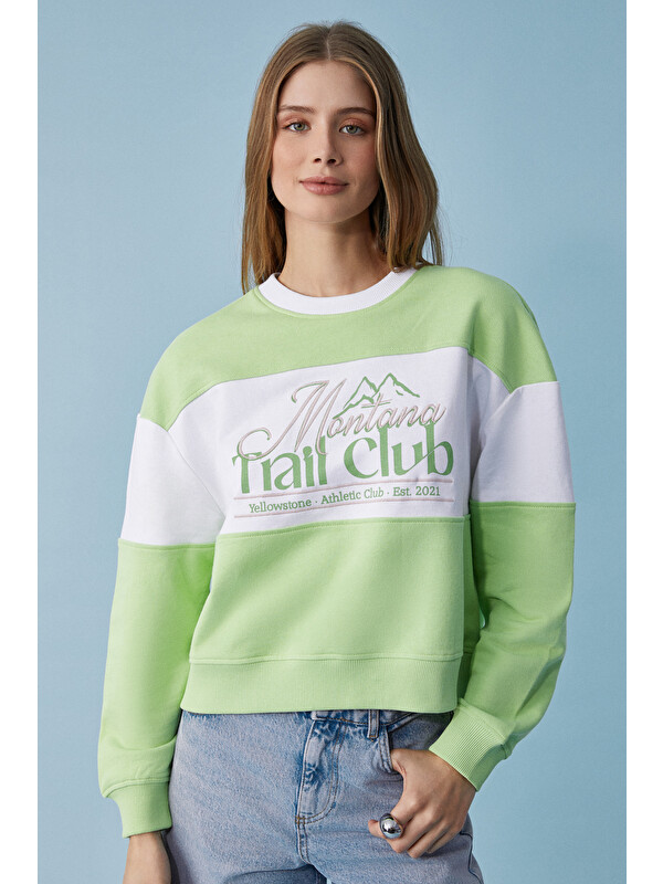 ETHIQUET PAYNE Kadın Bisiklet Yaka Oversize BEYAZ-YEŞİL Sweatshirt