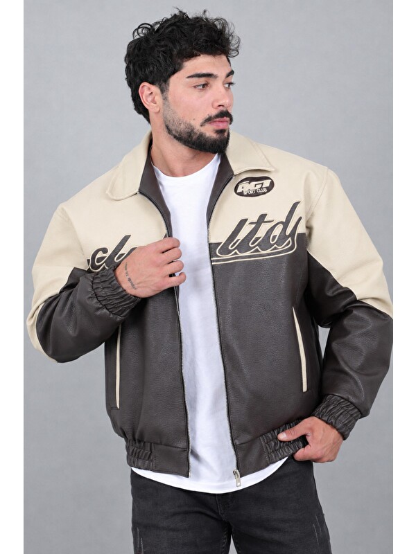 Stilkombin Baskılı Çift Renk Oversize Suni Deri Mont KMD 882_50531